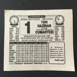 1 HAZİRAN 1996 -TAKVİM YAPRAĞI-DOĞUM GÜNÜ HEDİYESİ-TÜRKİYE GAZETESİ TAKVİMİ,AYASOFYADA İLK CUMA NAMAZI KILINDI 1453,HAVA KUVVETLERİNİN KURULUŞU 1911,HAVA KUVVETLERİ GÜNÜ ,