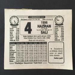 4 HAZİRAN 1996 -TAKVİM YAPRAĞI-DOĞUM GÜNÜ HEDİYESİ-TÜRKİYE GAZETESİ TAKVİMİ,ABDULAZİZİN ŞEHİT EDİLMESİ,1876,KOCA YUSUFUN VEFATI 1899,ABDULAZİZ HAN,SARMISAK