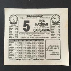 5 HAZİRAN 1996 -TAKVİM YAPRAĞI-DOĞUM GÜNÜ HEDİYESİ-TÜRKİYE GAZETESİ TAKVİMİ,KUTALMIŞ OĞLU SÜLEYMAN ŞAH IN VEFATI 1086,DÜNYA ÇEVRE GÜNÜ