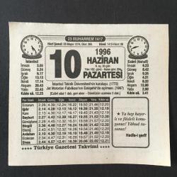 10 HAZİRAN 1996 -TAKVİM YAPRAĞI-DOĞUM GÜNÜ HEDİYESİ-TÜRKİYE GAZETESİ TAKVİMİ,İSTANBUL TEKNİK ÜNİVERSİTESİNİN KURULUŞU 1773,JET MOTORLARI FABRİKASININ ESKİŞEHİRDE AÇILMASI 1987,ATLAR VE AYDINLAR