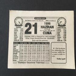 21 HAZİRAN 1996 -TAKVİM YAPRAĞI-DOĞUM GÜNÜ HEDİYESİ-TÜRKİYE GAZETESİ TAKVİMİ,ZONGULDAK 1920,VE ADAPAZARININ KURTULUŞLARI 1921,GÜNDÖNÜMÜ,GÜNEŞ YENGEÇ BURCUNDA,KIYAMET ALAMETLERİ 2