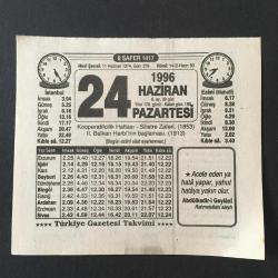 24 HAZİRAN 1996 -TAKVİM YAPRAĞI-DOĞUM GÜNÜ HEDİYESİ-TÜRKİYE GAZETESİ TAKVİMİ,KOOPERATİFÇİLİK HAFTASI, SİLİSTRE ZAFERİ 1853,2.BALKAN HARBİNİN BAŞLAMASI 1913,,KARANLIK GÜNLER