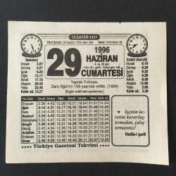 29 HAZİRAN 1996 -TAKVİM YAPRAĞI-DOĞUM GÜNÜ HEDİYESİ-TÜRKİYE GAZETESİ TAKVİMİ,YAPRAK FIRTINASI,ZARO AĞANIN 159 YAŞINDA VEFATI 1934,İNGİLİZ OYUNU,