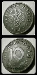1940-10 REICHS-PFENNIG “F” (10 Reichspfennig) Nazi Almanyası (3. Reich) Gamalı Haç (Svastika) YBMNAZİ10