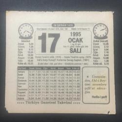 17 OCAK 1995 -TAKVİM YAPRAĞI-DOĞUM GÜNÜ HEDİYESİ-TÜRKİYE GAZETESİ TAKVİMİ,OSMAN TURAN IN VEFATI 1978,GALATA TÜNELİNİN AÇILIŞI,1875,IRAKA KARŞI KUVEYTİ KURTARMA SAVAŞI BAŞLADI 1991,KORKU VE SEVGİ