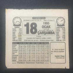 18 OCAK 1995 -TAKVİM YAPRAĞI-DOĞUM GÜNÜ HEDİYESİ-TÜRKİYE GAZETESİ TAKVİMİ,FIRTINA,ÇANDARLI ALİ PAŞANIN VEFATI 1467,TERBİYELİ URFA KEBABI,MÜKAFAT,EN STRESLİ MESLEKLER