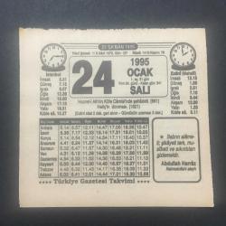 24 OCAK 1995-TAKVİM YAPRAĞI-DOĞUM GÜNÜ HEDİYESİ-TÜRKİYE GAZETESİ TAKVİMİ,HZ.ALİ NİN KÜFE CAMİİSİNDE ŞEHADETİ 661,HALİÇİN DONMASI 1821,MÜNAFIKLIK ALAMETİ