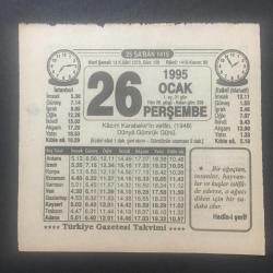 26 OCAK 1995 -TAKVİM YAPRAĞI-DOĞUM GÜNÜ HEDİYESİ-TÜRKİYE GAZETESİ TAKVİMİ,KAZIM KARABEKİRİN VEFATI 1948,DÜNYA GÜMRÜK GÜNÜ,KÖLESİNİ AFFETTİ,MEYVA