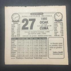 Efemera - 27 OCAK 1995 -TAKVİM YAPRAĞI-DOĞUM GÜNÜ HEDİYESİ-TÜRKİYE GAZETESİ TAKVİMİ,OSMANLI DEVLETİNİN KURULUŞU 1299,NEFİ NİN VEFATI 1635,HOCA HAKKI, - kitantik - kitaLog