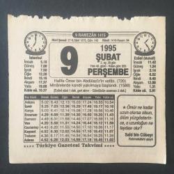 9 ŞUBAT 1995 -TAKVİM YAPRAĞI-DOĞUM GÜNÜ HEDİYESİ-TÜRKİYE GAZETESİ TAKVİMİ,HALİFE ÖMER BİN ABDULAZİZİN VEFATI 720,MİNARELERDE KANDİL YAKILMAYA BAŞLANDI 1588,RAMAZAN AYI
