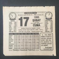 17 ŞUBAT 1995 -TAKVİM YAPRAĞI-DOĞUM GÜNÜ HEDİYESİ-TÜRKİYE GAZETESİ TAKVİMİ,MEDENİ KANUNUN KABULÜ 1926,ŞEYH ŞAMİLİN VEFATI 1871,ANA BABA HAKKI
