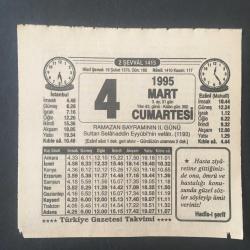 4 MART 1995 -TAKVİM YAPRAĞI-DOĞUM GÜNÜ HEDİYESİ-TÜRKİYE GAZETESİ TAKVİMİ,RAMAZAN BAYRAMININ 2.GÜNÜ,SELAHADDİN EYYUBİNİN VEFATI 1193,MUKADDES EMANETLER,ATASÖZÜ