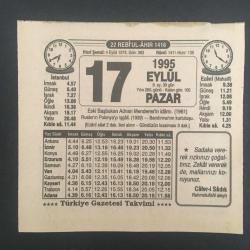 17 EYLÜL 1995 -TAKVİM YAPRAĞI-DOĞUM GÜNÜ HEDİYESİ-TÜRKİYE GAZETESİ TAKVİMİ,ESKİ BAŞBAKAN ADNAN MENDERESİN İDAMI 1961,RUSLARIN POLANYAYI İŞGALİ,1939,BANDIRMANIN KURTULUŞU,MENDERESİN İSTİFA SEBEBİ