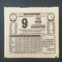 9 EKİM 1995 -TAKVİM YAPRAĞI-DOĞUM GÜNÜ HEDİYESİ-TÜRKİYE GAZETESİ TAKVİMİ,YANYA KALESİNİN FETHİ,1431,DÜNYA POSTA GÜNÜ,KIRŞEHİR AHİ EVRAN VE ESNAF HAFTASI,AHİLİK PRENSİPLERİ