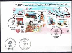 06.08.2024 TÜRKİYE-JAPONYA DİPLOMATİK İLİŞKİLERİNİN 100. YILI PORTFÖYDEKİ NUMARALI BLOK PULLU,  İLK GÜN ve İLK GÜN POSTA DAMGALI NADİR ZARF/ FDC