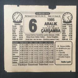 6 ARALIK 1995 -TAKVİM YAPRAĞI-DOĞUM GÜNÜ HEDİYESİ-TÜRKİYE GAZETESİ TAKVİMİ,FRANSA KRALININ KANUNİDEN YARDIM İSTEMESİ 1525,DÜNYA İNSAN HAKLARI HAFTASI,KUZEY RÜZGARLARI,AKUSTİK