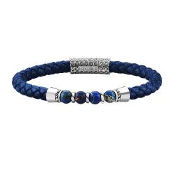 Lapis lazuli taşlı 925 ayar gümüş parçalı örgü deri erkek bileklik