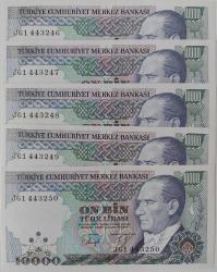 7.EMİSYON 4.TERTİP 10000 ON BİN TÜRK LİRALARI RAKAM SIRALI J61443246-47-48-49-50 SERİ NOLU ÇİL ÇOK NADİR