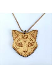 Nemesis Kedi Ay Yıldız Büyü Ahşap Kolye Ucu Rölyef Kabartmalı El Yapımı Huş Tahta 6 cm