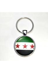 3 Yıldız Özgür Suriye Bayrağı Anahtarlık Yeşil Beyaz Siyah Syria Bayrağı Camlı Çelik Gri Metal
