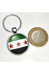 3 Yıldız Özgür Suriye Bayrağı Anahtarlık Yeşil Beyaz Siyah Syria Bayrağı Camlı Çelik Gri Metal