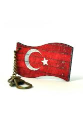 Türkiye Eskitme Ahşap Ülke Bayrağı Anahtarlık Ay Yıldız Rustik Renkli Tahta Oyma