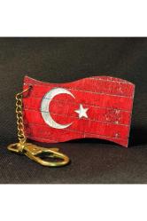 Türkiye Eskitme Ahşap Ülke Bayrağı Anahtarlık Ay Yıldız Rustik Renkli Tahta Oyma