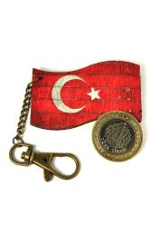 Türkiye Eskitme Ahşap Ülke Bayrağı Anahtarlık Ay Yıldız Rustik Renkli Tahta Oyma