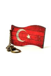 Türkiye Eskitme Ahşap Ülke Bayrağı Anahtarlık Ay Yıldız Rustik Renkli Tahta Oyma