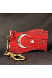 Türkiye Eskitme Ahşap Ülke Bayrağı Anahtarlık Ay Yıldız Rustik Renkli Tahta Oyma