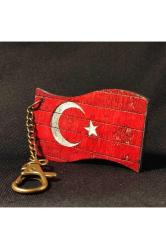 Türkiye Eskitme Ahşap Ülke Bayrağı Anahtarlık Ay Yıldız Rustik Renkli Tahta Oyma