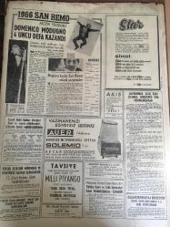 HÜRRİYET GAZETESİ 4 ŞUBAT 1966 YIL :18 SAYI :6382--Gürsel Washington da ambülansla hastaneye  nakledildi ---Vehbi Koç Şirketlerine Nakledildi --Hacı Ömer defnedildi ---İzmit Koruma Tarım İlaçları Fabrikasındaki  Yangında 6 Milyon Lira Zarar Var---Gönüllü geline mahkemede de hayır diyen 14 yaşındaki damat  namzedi , tekrar cezaevine girdi ---Endonezya da bir yolcu gemisi battı  ,89 ölü var ---Çalışmayan  belediye başkanı her ay 50 lira ceza verecek ---Eski  gecekondularda oturanlar için  blok apartmanlar  yapılacak ---Radyo Programları ---Yerli sinemalarda  aşk zinciri ,dönme dolap : Leyla Sayar ,Muhterem Nur , ,Muzaffer Tema , Ediz Hun ve aşkları  dönme dolapta dönüyor  ---1966 San Remo  Müzik Festivali Domenico Modugno 4. Defa Kazandı ---Molnar Vefa dan ayrıldı --Ercan ve A.İhsan a ceza yok --Beşiktaşlı futbolcular  mikrop kaptı --Manchester United Benfica yı 3-2 yendi ---Fenerbahçe de 3 başkan adayı var --Hacı Ömer geride 150 milyon lira bırakıp  gitti ----