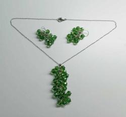 Vintage El Yapımı Gümüş Kaplama  Yeşil Çek Kristali  Salkım Küpeler ve Kolye Takım