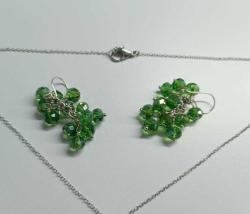 Vintage El Yapımı Gümüş Kaplama  Yeşil Çek Kristali  Salkım Küpeler ve Kolye Takım