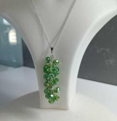 Vintage El Yapımı Gümüş Kaplama  Yeşil Çek Kristali  Salkım Küpeler ve Kolye Takım