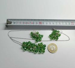 Vintage El Yapımı Gümüş Kaplama  Yeşil Çek Kristali  Salkım Küpeler ve Kolye Takım