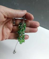 Vintage El Yapımı Gümüş Kaplama  Yeşil Çek Kristali  Salkım Küpeler ve Kolye Takım