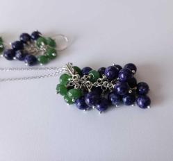 Vintage El Yapımı Gümüş Kaplama  Yeşil ve Mor Jade Yeşim Taşlı  Salkım Küpeler ve Kolye Takım