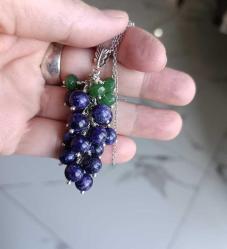 Vintage El Yapımı Gümüş Kaplama  Yeşil ve Mor Jade Yeşim Taşlı  Salkım Küpeler ve Kolye Takım