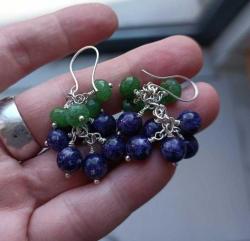 Vintage El Yapımı Gümüş Kaplama  Yeşil ve Mor Jade Yeşim Taşlı  Salkım Küpeler ve Kolye Takım