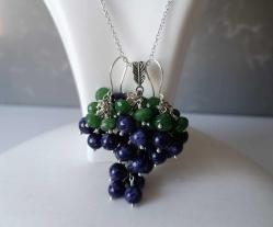 Vintage El Yapımı Gümüş Kaplama  Yeşil ve Mor Jade Yeşim Taşlı  Salkım Küpeler ve Kolye Takım