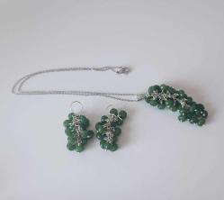 Vintage El Yapımı Gümüş Kaplama  Yeşil Jade Yeşim Taşlı  Salkım Küpeler ve Kolye Takım