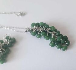 Vintage El Yapımı Gümüş Kaplama  Yeşil Jade Yeşim Taşlı  Salkım Küpeler ve Kolye Takım