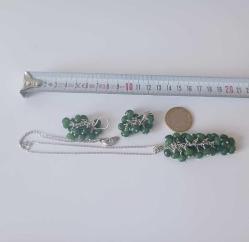 Vintage El Yapımı Gümüş Kaplama  Yeşil Jade Yeşim Taşlı  Salkım Küpeler ve Kolye Takım