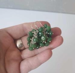Vintage El Yapımı Gümüş Kaplama  Yeşil Jade Yeşim Taşlı  Salkım Küpeler ve Kolye Takım