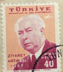 Mektup Zarfından Kesilmiş  / Postadan Geçmiş Pul Filateli - Damgalı -THEODOR HEUSS ZİYARET HATIRASI 1957, 40 PARA - Türkiye Cumhuriyeti - Turkish stamp