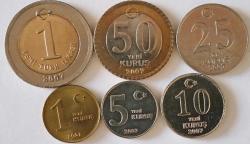 Efemera - Türkiye Cumhuriyeti  2007 Yılı  1 Yeni Türk Lirası  1/5/10/25/50 Yeni Kuruş Tam Takım - kitantik - kitaLog