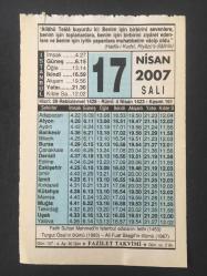 17 NİSAN 2007 -TAKVİM YAPRAĞI-DOĞUM GÜNÜ HEDİYESİ-FAZİLET TAKVİMİ,FATİHİN İSTANBUL ADALARINI FETHİ 1453,TURGUT ÖZALIN ÖLÜMÜ 1993,ALİ FUAT BAŞGİLİN ÖLÜMÜ 1967,İMAM I AZAM HZ NDEN,REBİULAHİR AYI