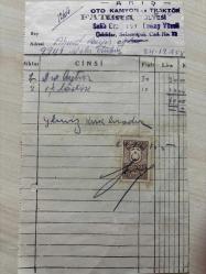 OTOMOBİL LASTİK TAMİRAT FATURASI - 24 ARALIK 1955 - ARİŞ - OTO KAMYON VE TRAKTÖR LASTİK ATOLYESİ - SALİH ERSUNA VE ALİMKAY YÜNELİ - ÜSKÜDAR, İSTANBUL- AHMET ÇAYIROĞLU - ISLAK İMZALI, KAŞELİ DAMGA PULU - 13 x 21 cm EBATLI ORİJİNAL FATURA