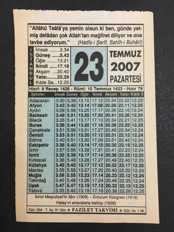 23 TEMMUZ 2007 -TAKVİM YAPRAĞI-DOĞUM GÜNÜ HEDİYESİ-FAZİLET TAKVİMİ
